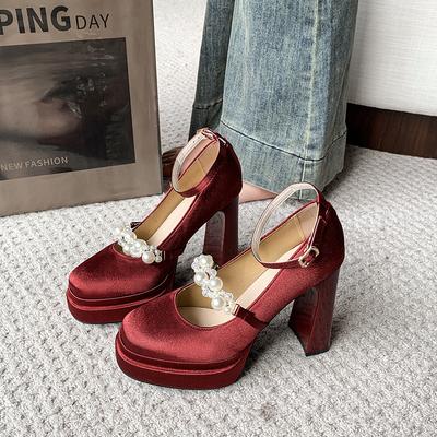 Fashion Round Toe Square Heel Mary Janes High Heel Buckle Strap Ladies Shoes 2025 Fashion Beaded Platform Fashion Pumps Chaussures Femme