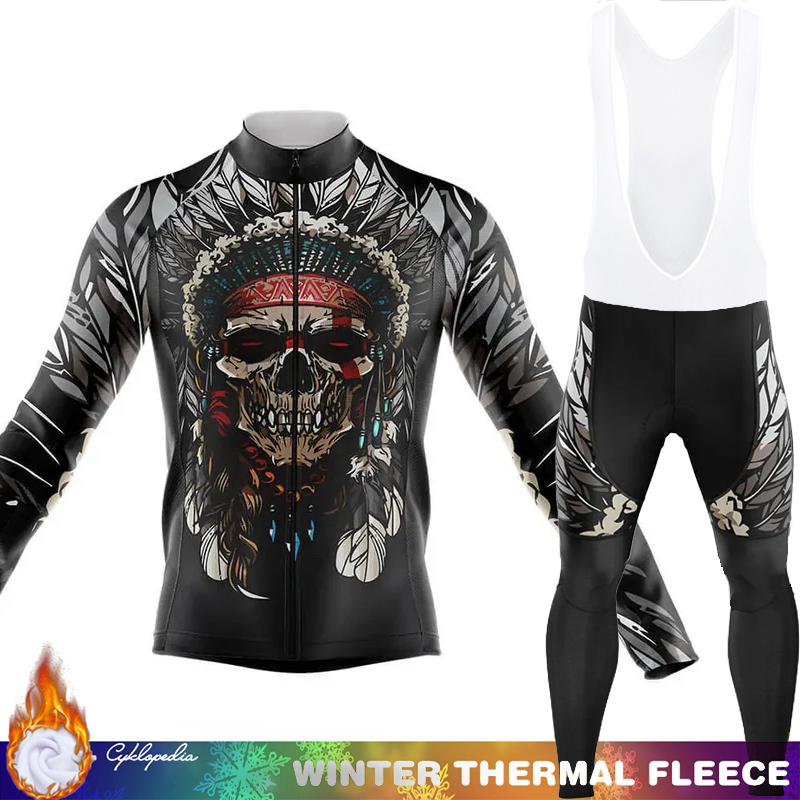 Men's Cycling Pants Fleece Jersey Skull Sets Long Sleeve Thermal Shirt Mens Clothes Clothing Winter Man Outfit Suit Termal Retro