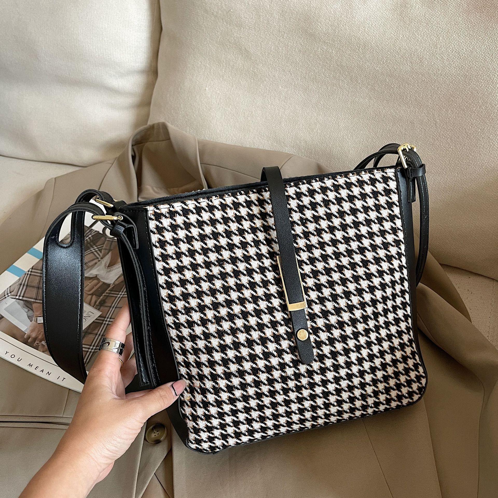 

Сумка-ведро в стиле ретро на одно плечо, твидовая сумка с узором «гусиная лапка», серебристая модная и универсальная женская сумка