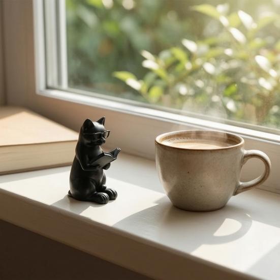 3D Printed Reading Cat Figurine, Cute Reading Book Cat Statue with Glasses, Collectible Animal Sculpture for Bookshelf, Desktop Decor, Gift for Cat