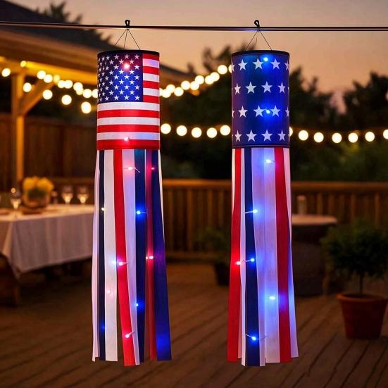 Amerikanische Flaggen-Windsock mit LED-Lichtern, große rot-weiß-blaue patriotische Windsocke für den 4. Juli, Memorial Day, Garten, Außenbereich