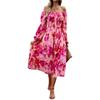 Women Elegant Floral Printed Long Dress High Waist Puff Sleeve Square Neck Autumn Winter Fashion
