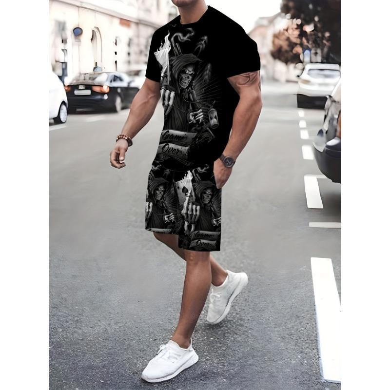 

Men s Color Block Logo Skull Print 3D Pattern Summer Casual Sportswear Set - Breathable 3D Printed T-Shirt and Shorts Combo XL