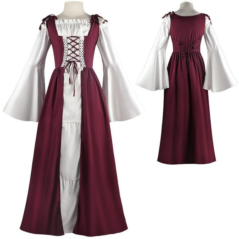 Halloween Cosplay Costume Square-Necked Waist-Cinching Medieval Renaissance Retro Dress Cosplay Performance Outfit Square Neck Tie-Waist Dress (Burgundy) S