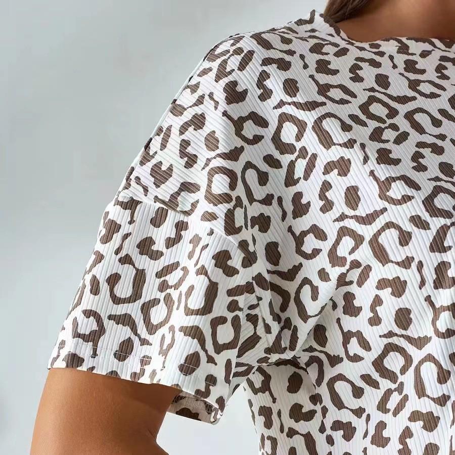 Women's Leopard Print Pajama Set - Short Sleeve and Shorts