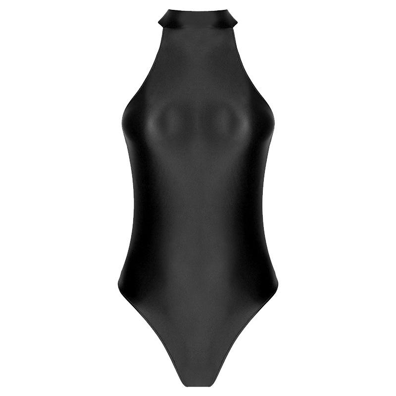 Shiny High-Cut Swimsuit: Glossy European & American Dance Leotard, High Elasticity, Silky Hip-Hugging, High Neck Sleeveless Design.