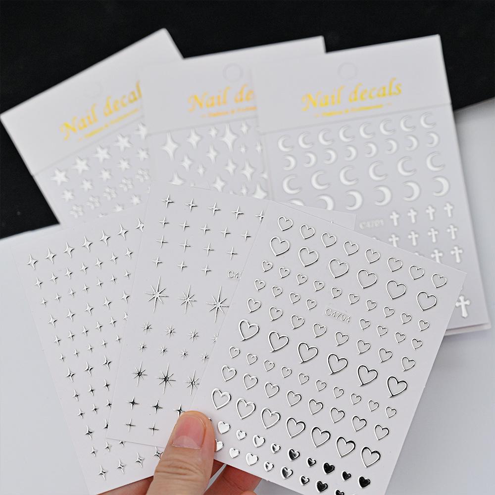 Mini Metallic Silver Nail Stickers: Star, Heart & Love Designs, Self-Adhesive, Small Size