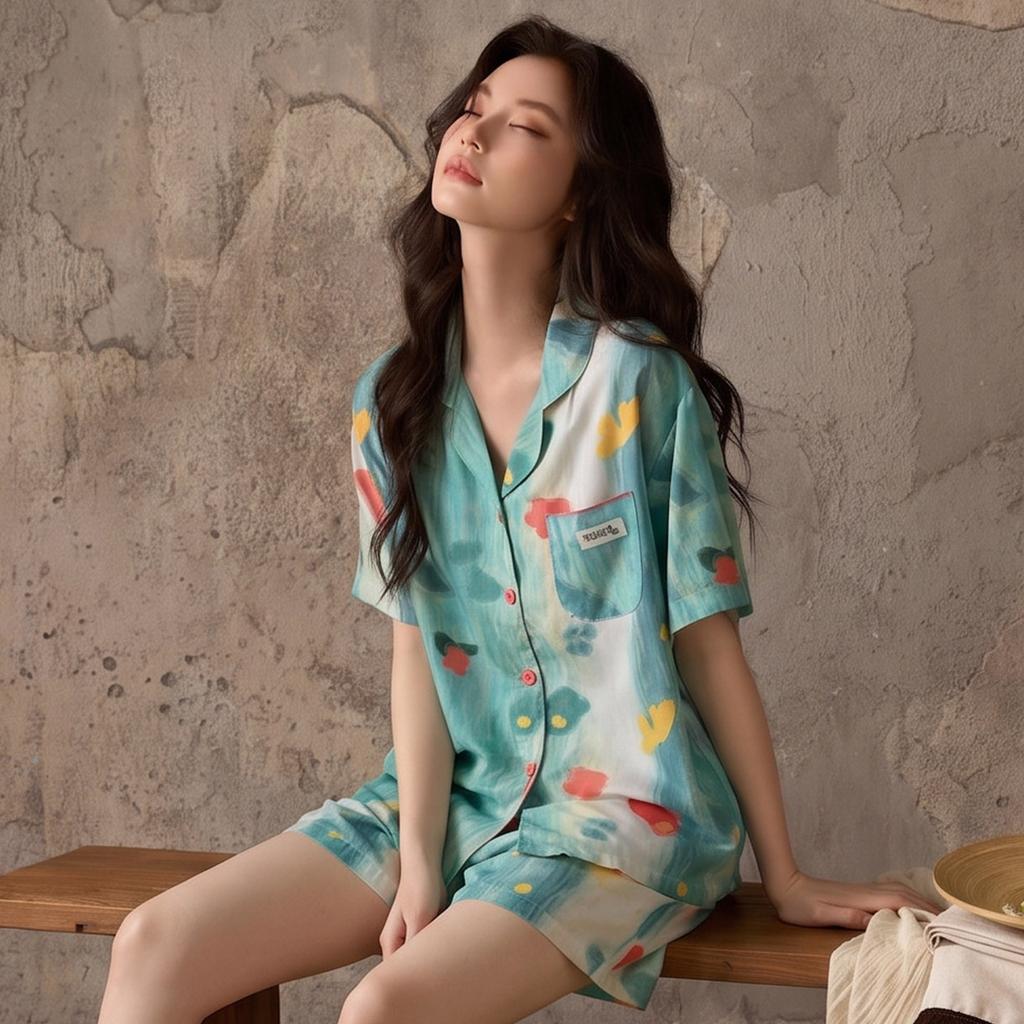 1011 Summer New Lyocell Pajamas Women's Short Sleeve Shorts Flower Print Pastoral Thin Loungewear Set