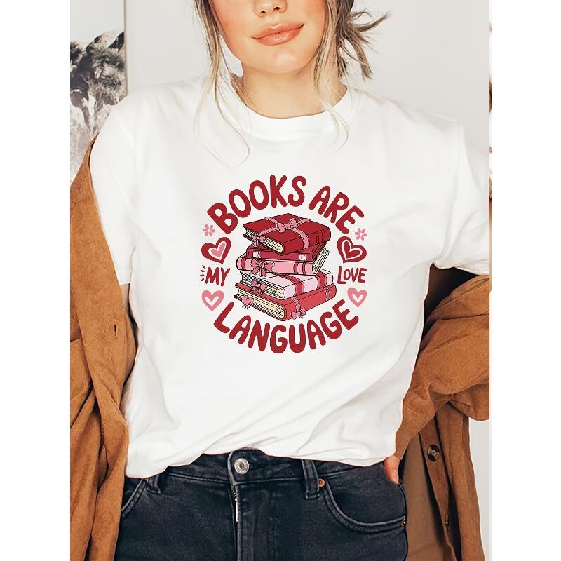 European Size Women s Books Are My Love Language T-Shirt - White Short Sleeve Crew Neck Top with Red Book & Heart Print S
