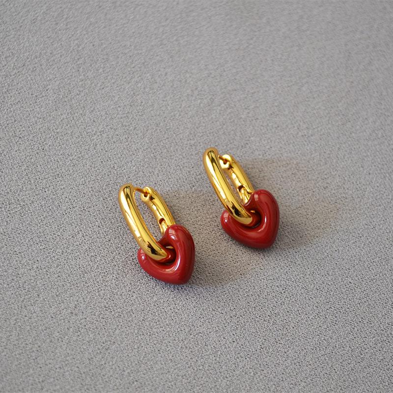 Korean Version Of Fashionable Retro Red Thick Fat Small Love Handmade Enamel Glaze Personality Niche Temperament U-Shaped Earrings Earrings
