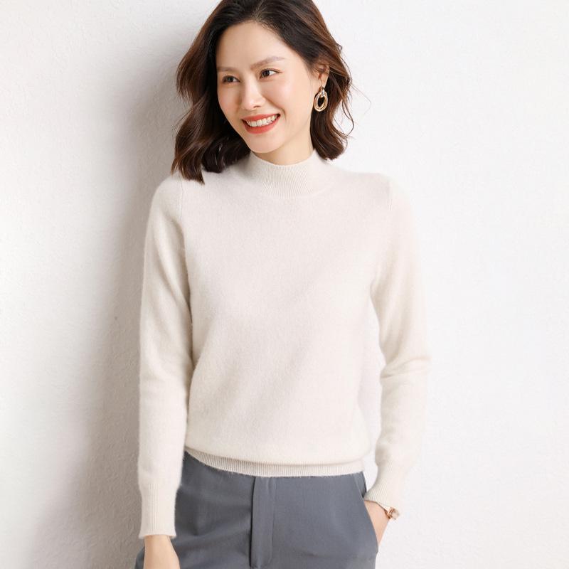 Women's Loose Fit Cashmere Half-High Neck Sweater - Soft, Classic Autumn/Winter Knit Base Layer
