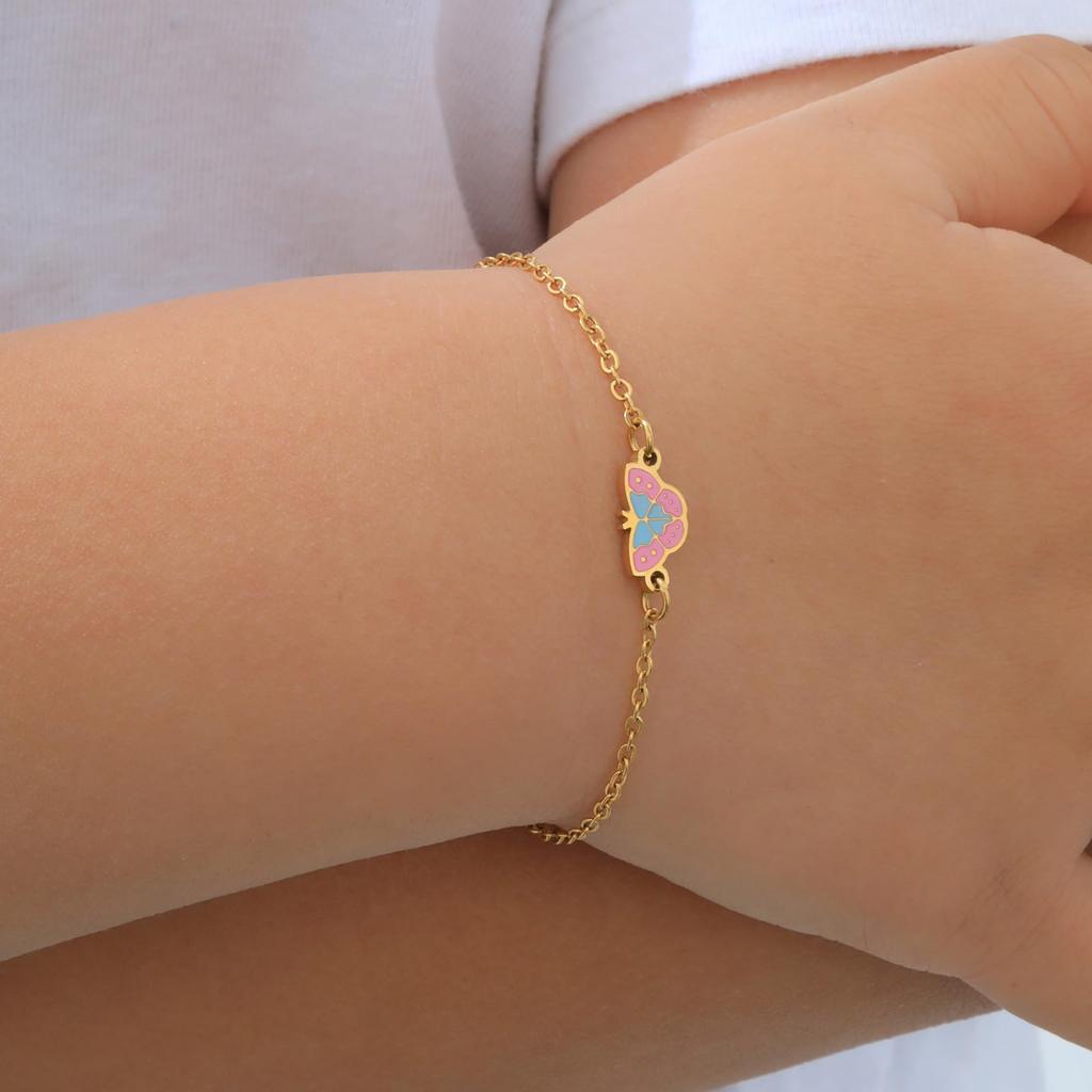 Rockyu Allure Gold Stainless Steel Bracelet with Butterfly Cute Baby Gift for Birthday Kindergarten Entry Stylish Accessory Kids' Charm, Adjustable,