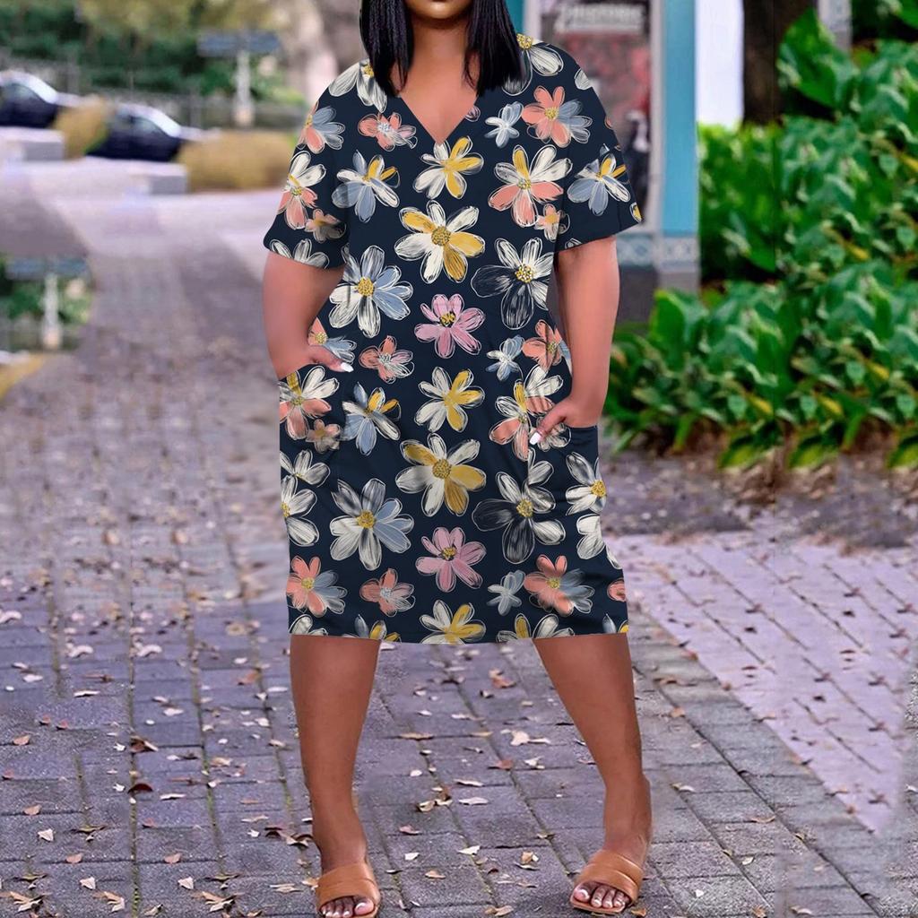 Summer Plus Size V Neck Short Sleeve Knee Pocket  Print Casual Dress For Women