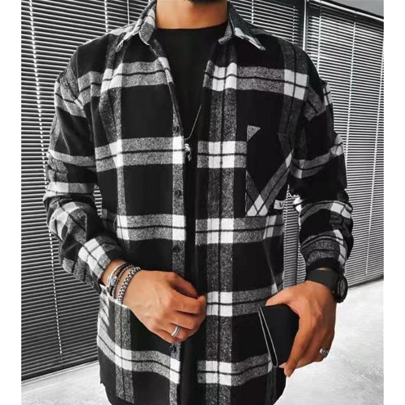 Mens Plaid Button Up Shirt Jacket Thick Flannel Long Sleeve Chest Pocket Casual Outerwear Daily Streetwear