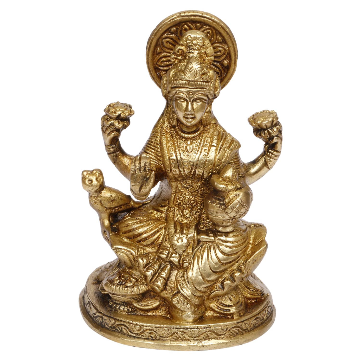 Золотая статуэтка Лакшми Маты, благословляющая, сидящая на лотосе, с калашом, совой. Лакшми Люкшми Мурті.