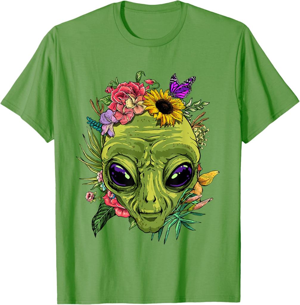 Alien mit Blumen Grafik-T-Shirt Herren Lässig Sommerausflug Rundhals-T-Shirt