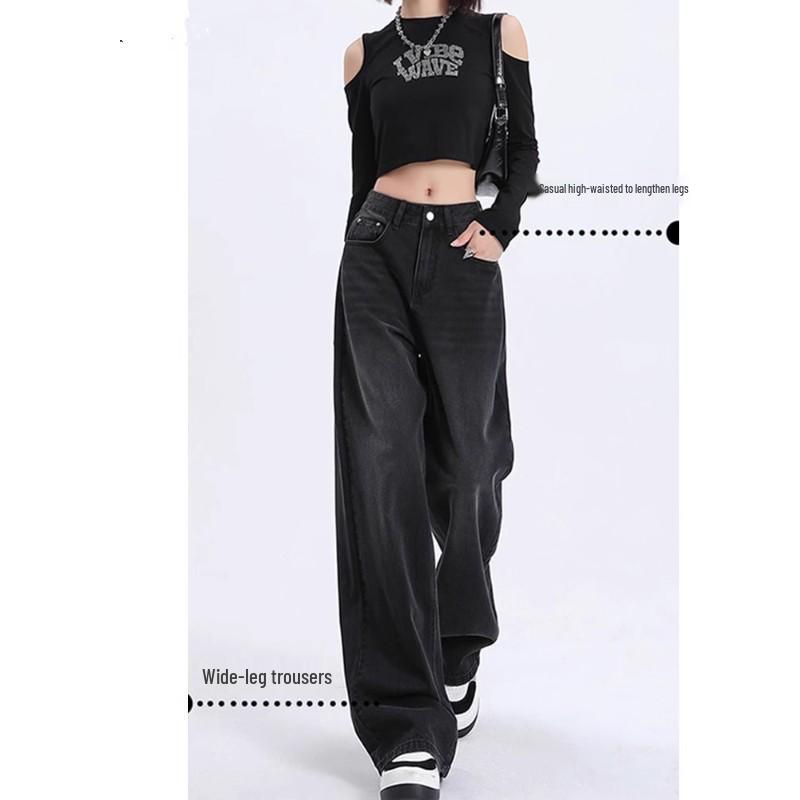 Damen Jeans Schwarz-Grau, Hoher Bund, Weiter Bein, Herbst 2025 Stil, Schlankmachende und Vielseitige Bodenlange Hose.