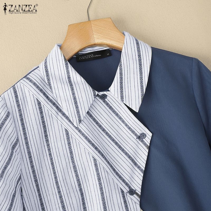 ZANZEA Women Casual Turn Down Collar Summer Short Sleeve Stripe Blouse