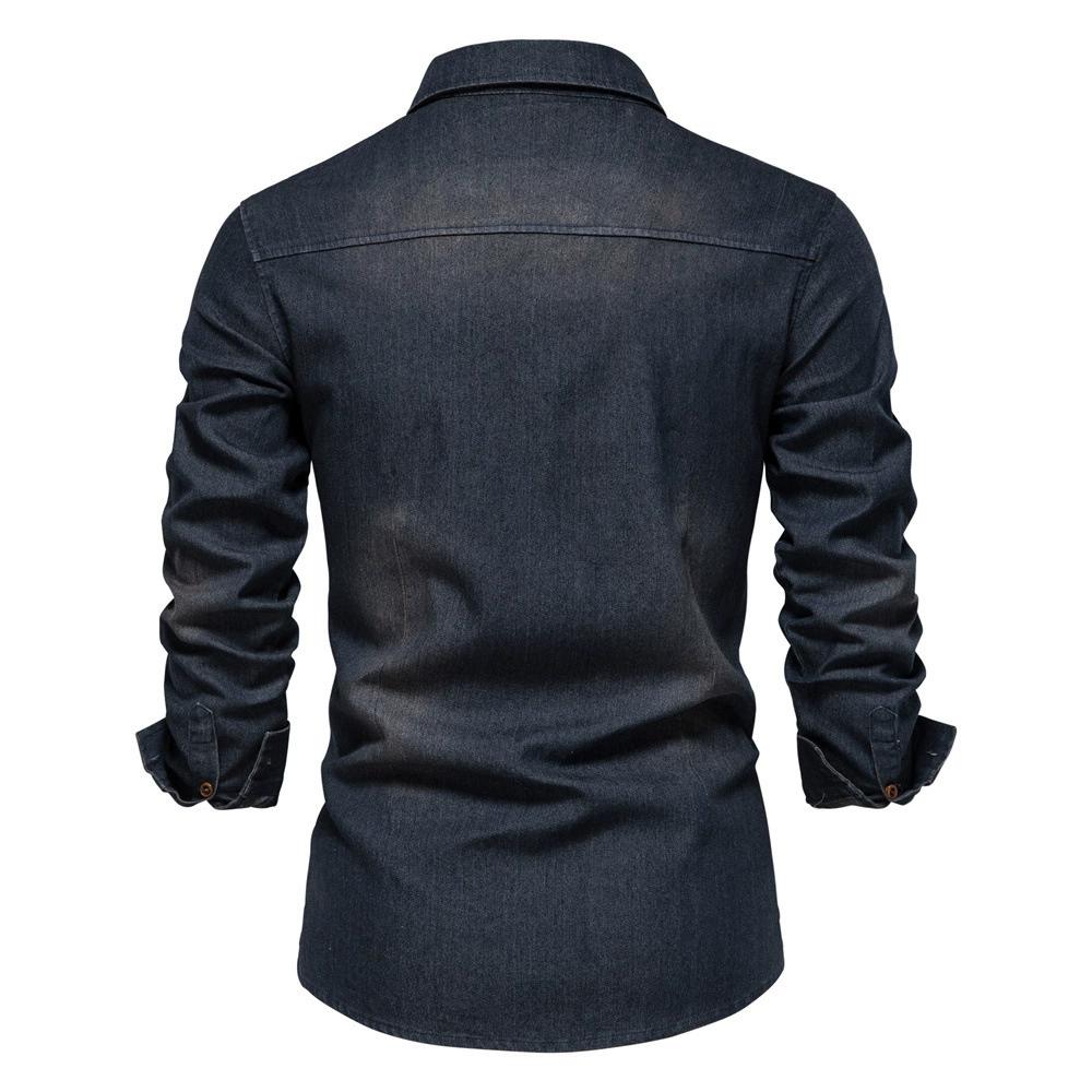 Herren Frühling und Herbst Plus Size Revers Langarm Volltonfarbe Button Down Jeanshemd