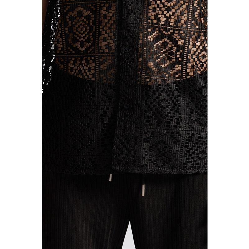 Férfi Hálós Csipke Kötött Rövid Ujjú Ing Kivágott Tánc Perspektíva Ing Nyári Utcai Viselet Éjszakai Klub Diszkó Előadói Felsők