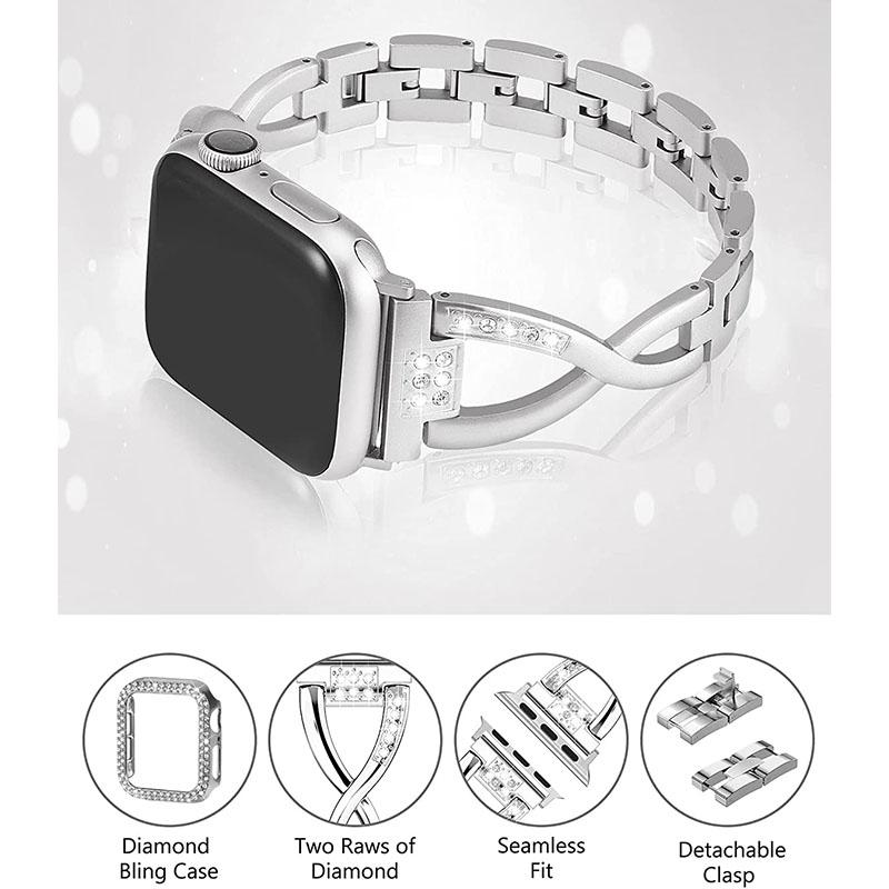 

Protective Case Rhinestone Decorated+X-shape Metal Watch Strap Scratch-proof Replacement for Apple Watch Series 6/5/4/SE 44mm/SE (2022) 44mm Silver