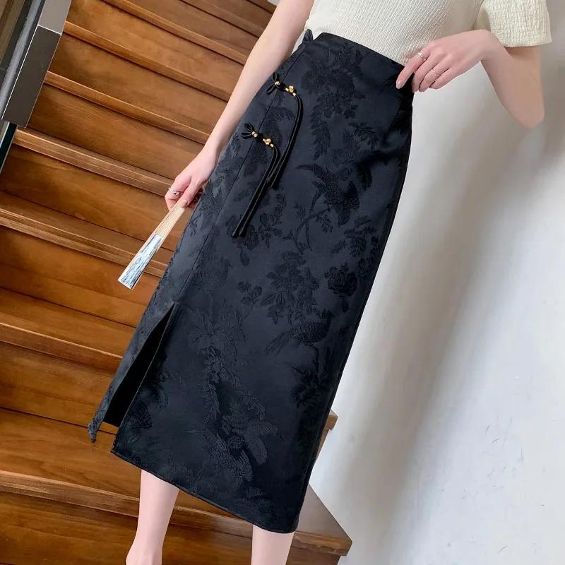 Chinese Style Skirts for Women Printed Casual Streetwear Elegant Female Spring Summer Chic Solid High Waist Simple