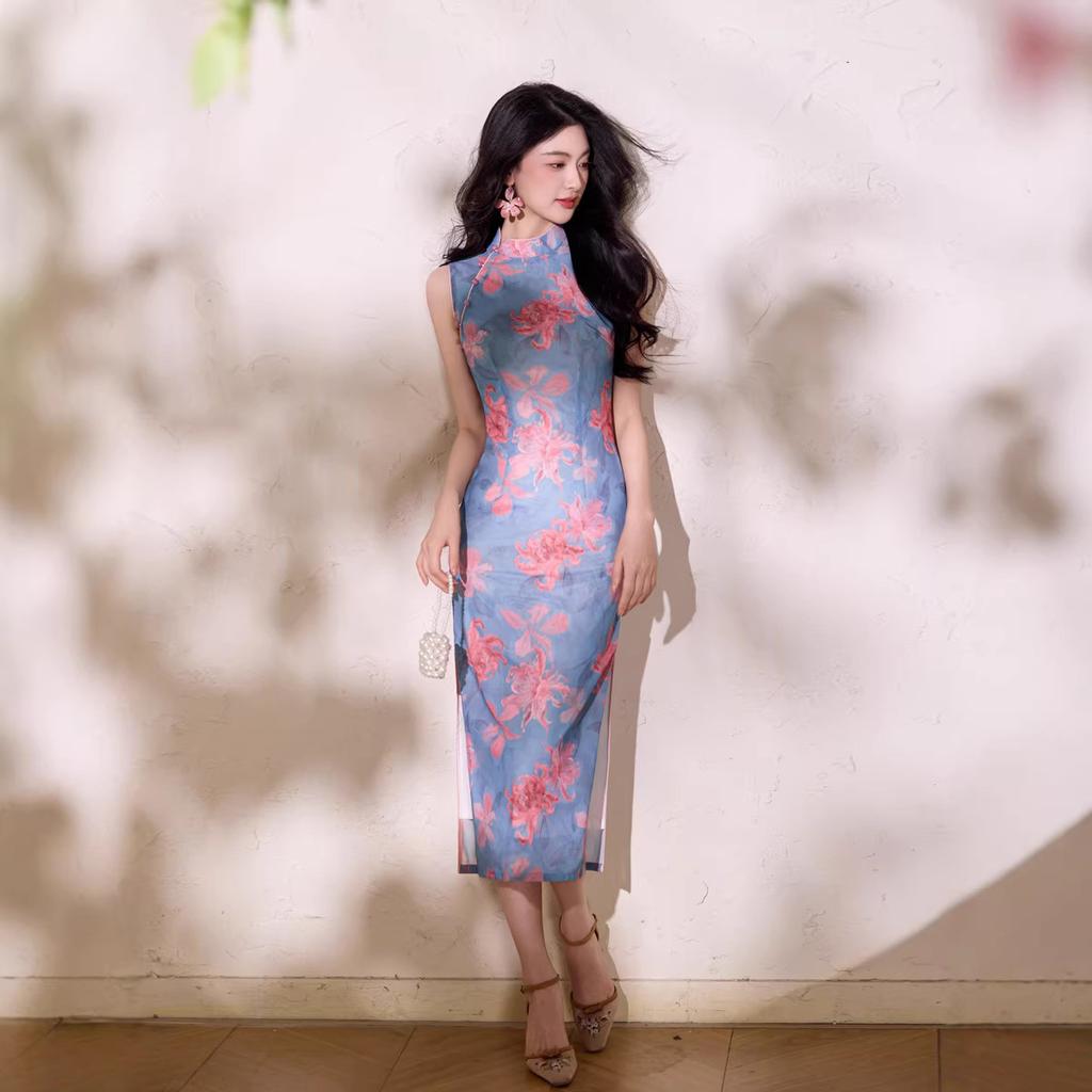 New Chinese style young beautiful blue cheongsam pink print 1011 summer daily girly dress