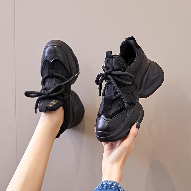 Sports shoes women s genuine leather 2026 Spring and Autumn casual thick soled women s shoes sponge cake casual 35 чёрный