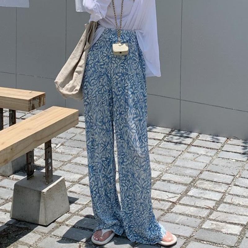 Summer  Women's Clothing Vintage Print Pleated Wide-leg Pants Female Casual High Waist Loose Straight Trousers Pantaloness