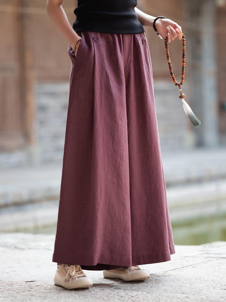 Johnature Vintage Women Wide Leg Pants Solid Color Autumn Trousers Elastic Waist Patchwork Button Pockets Pants