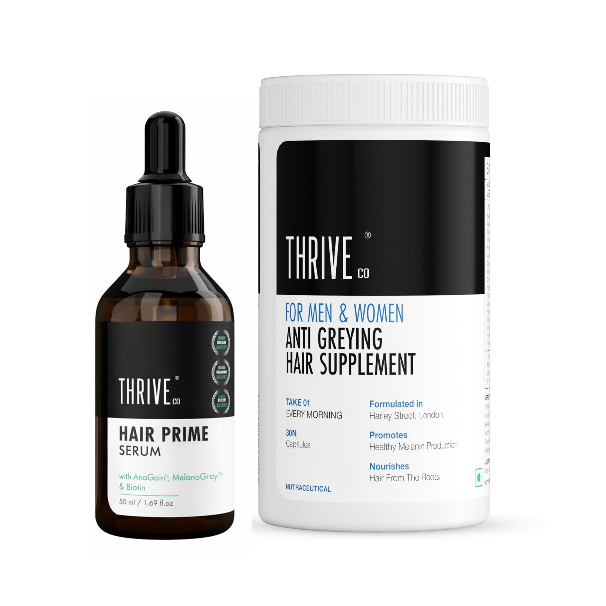 Набор ThriveCo для ухода за волосами против седины | Сыворотка-праймер для волос 50 мл + Биодобавка против поседения волос 30 капсул | Уменьшает преждевременное поседение | Поддерживает натуральный