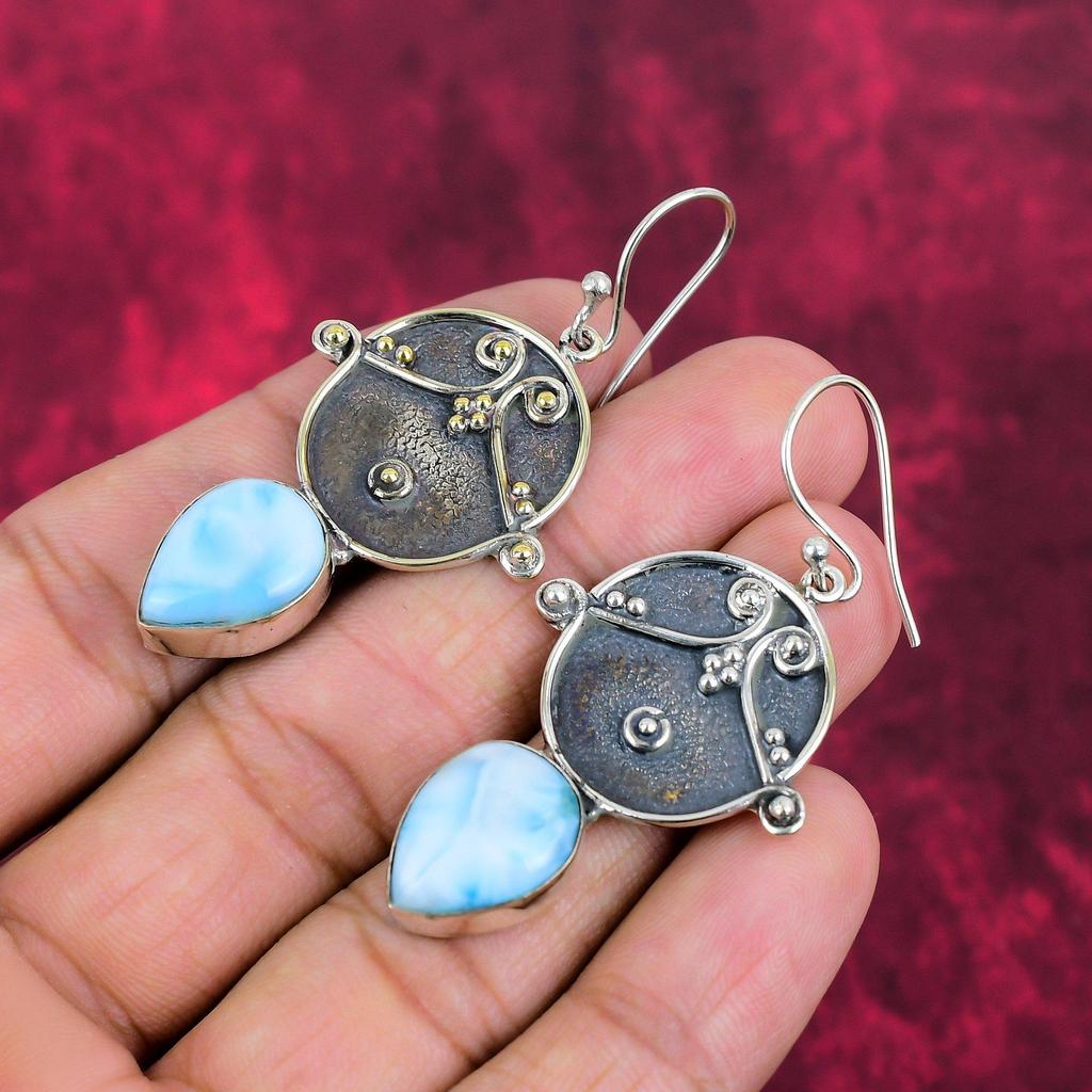 Larimar 925 Solid Sterling Silver Earrings, Handmade Gemstone Jewelry Earrings For Memorial Day