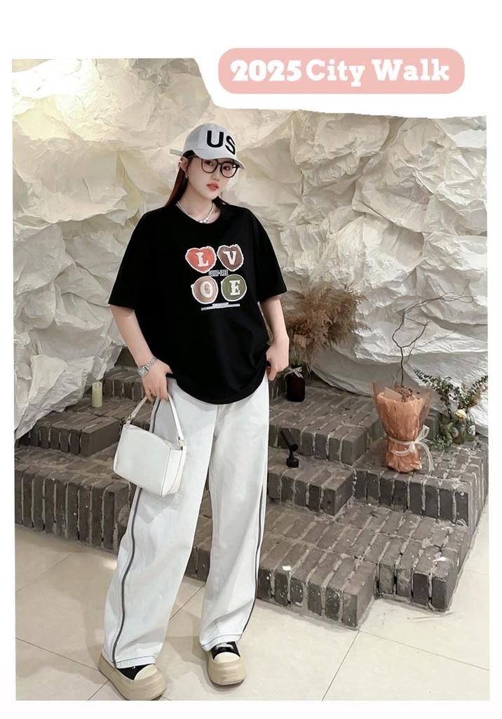 Summer 2025 Plus Size Love Letter Women's Loose T-shirt - Korean Style, Slimming, Short Sleeve