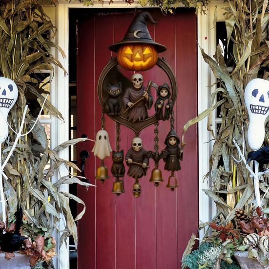 Halloween Gothic Wind Chime Spooky Bell Chime with Pumpkin Lantern Grim Reaper Ghost Black Cat for Porch Window Home Decor