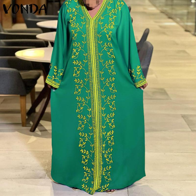 

VONDA Women s Big Size V-Neck Long Sleeve Printed Straight Long Loose Dresses
