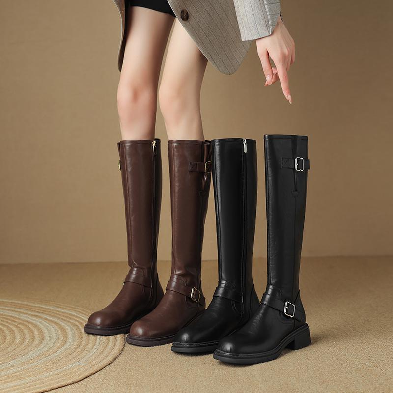 Designer New Pu Leather Knee Boots Shoes For Women Buckle Metal Decoration Fashion Outdoor Ladies Footwear Long Black Botas