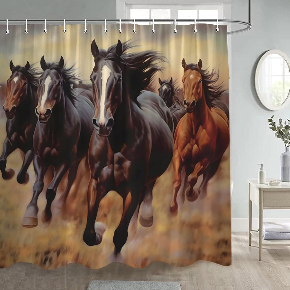 Prancing Horse Shower Curtains Oil Painting Art Farm Animals Bath Curtain Set Polyester Fabric Bathroom Bathtub Decor With Hooks