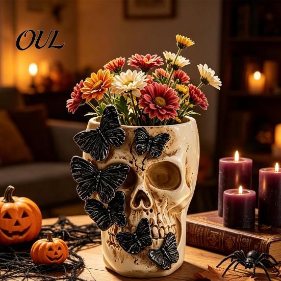 Dark Aesthetic Stationery Black Butterfly Skull Vase, Resin Skeleton Pen Holder, Gothic Flower Vintage Relief Sculpture Arrangement Container,