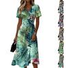 Women’s V Neck Short Sleeve Midi Dress with Elastic Waist Wrap Design and Tropical Leaf Floral Print for Casual or Daily Wear