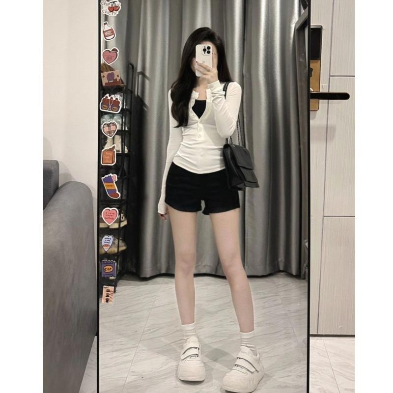 Spice Girl Shoulder Long Sleeve T-Shirt Women's Spring Skinny Single-breasted Top Bottom Shirt Tide