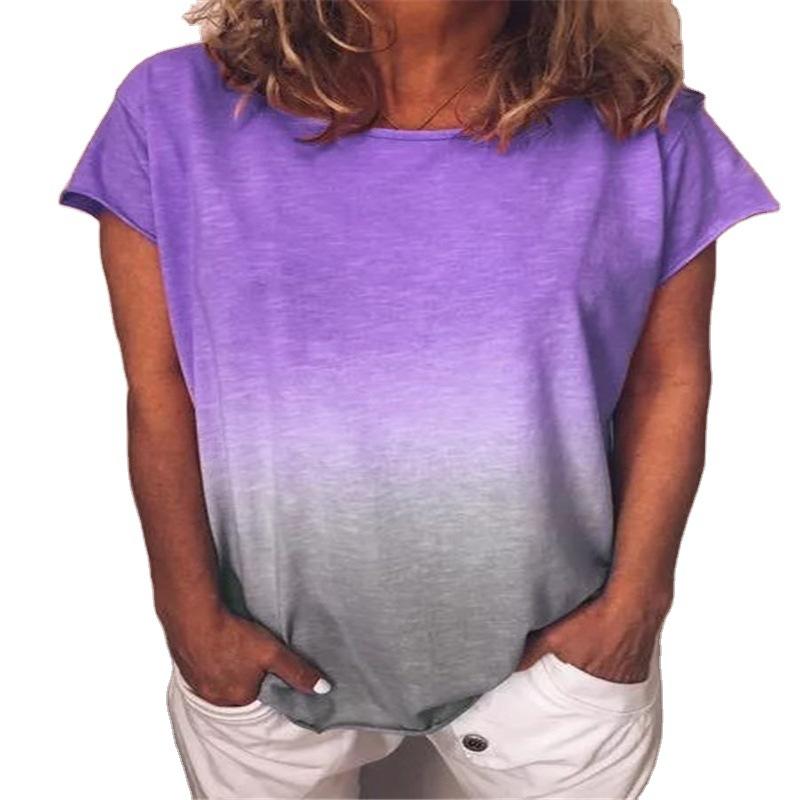 Women's Summer Rainbow Gradient Printed Round Neck Short Sleeve Loose T-shirt