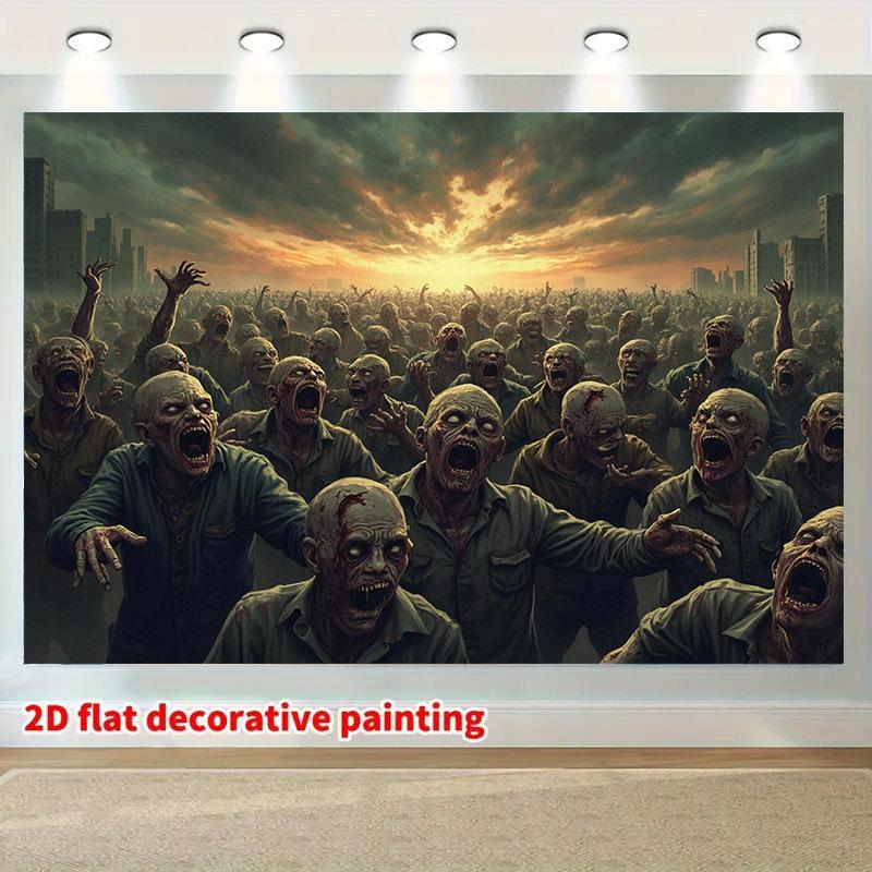 One 2D flat banner, with a zombie-themed background, suitable for Halloween celebration events