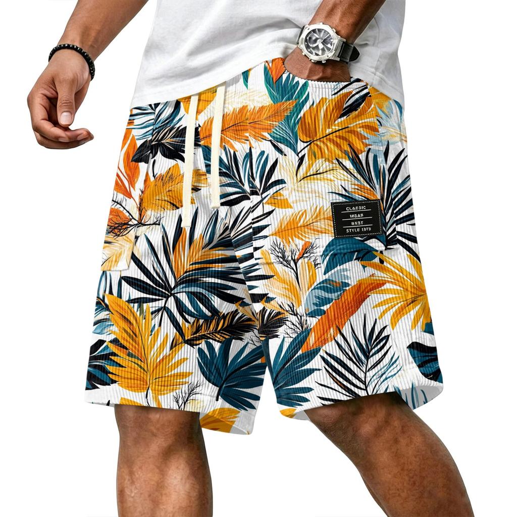 Men Corduroy Drawstring Shorts with Letter Print Relaxed Fit Hawaiian Style Floral Patterned Lightweight Pants