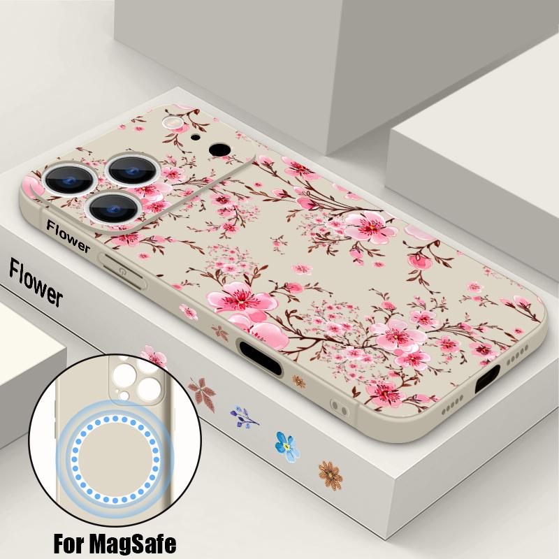 

For iPhone 17 Pro Max Case INS Style Retro Pink White Flowers Pattern Magnetic For Magsafe Soft Cover For iPhone 16 15 14 13 Pro Max 17E 16E iPhone 13 Pro Max бежевий