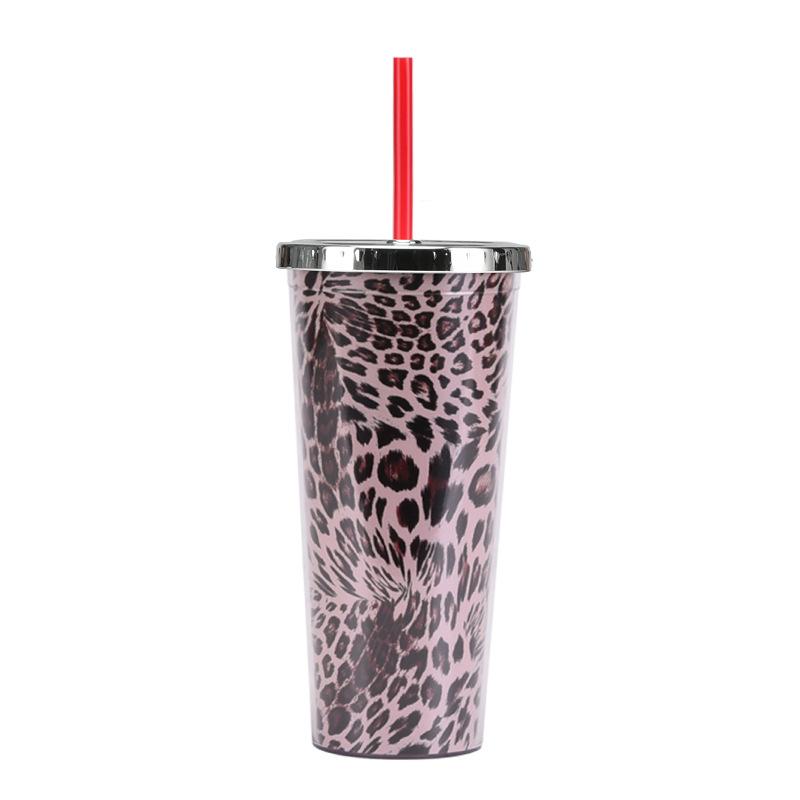 24Oz Straw Cup Leopard Print Magic Semi-Round Cover Water Cup Large Capacity Portable Double Layer Plastic Cup