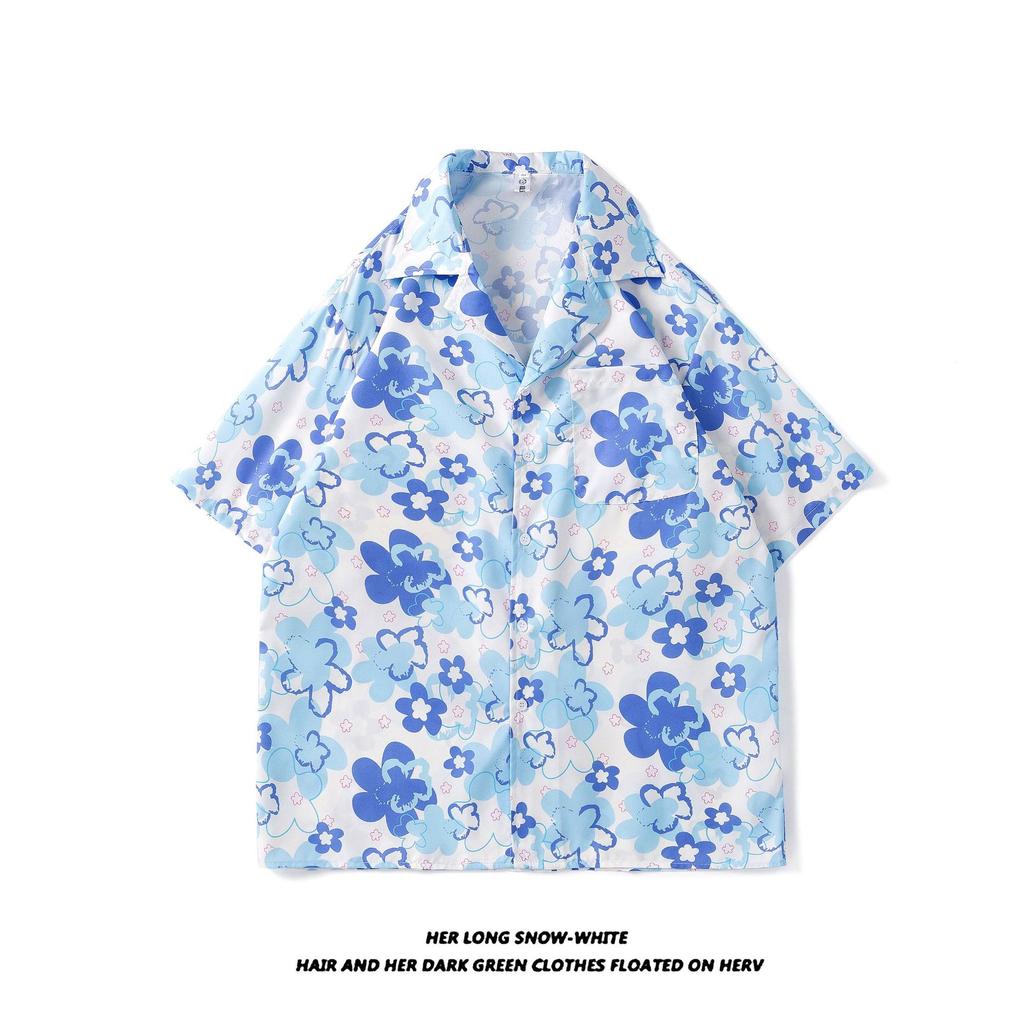 Summer Fashion Men's Hawaiian Shirt Men's Beach Flower Print Shorts Sleeve Shirt