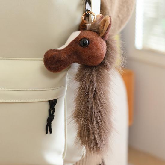 Horse Head Plush Keychain Realistic Equine Toy with Movable Tail Cute Pony Head Bag Charm for Animal Lovers