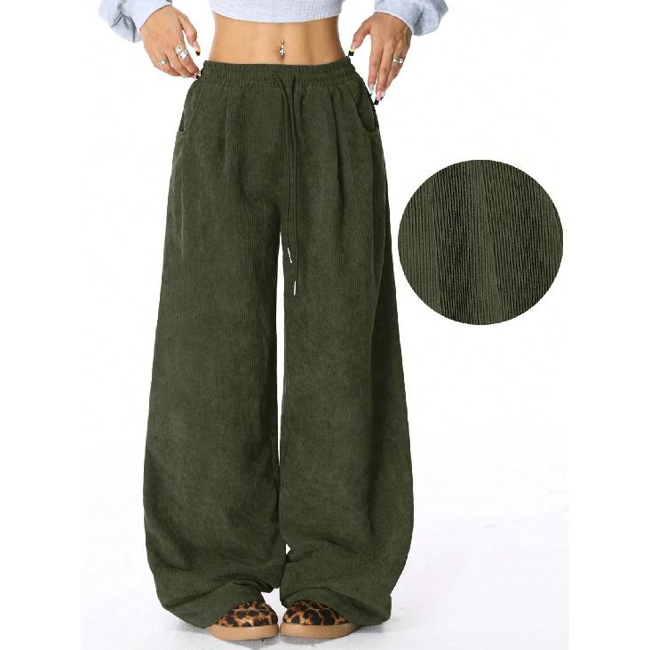 2026 New Women s Corduroy High-Waisted Casual Versatile Draped Drawstring Wide-Leg Pants S армия зеленый