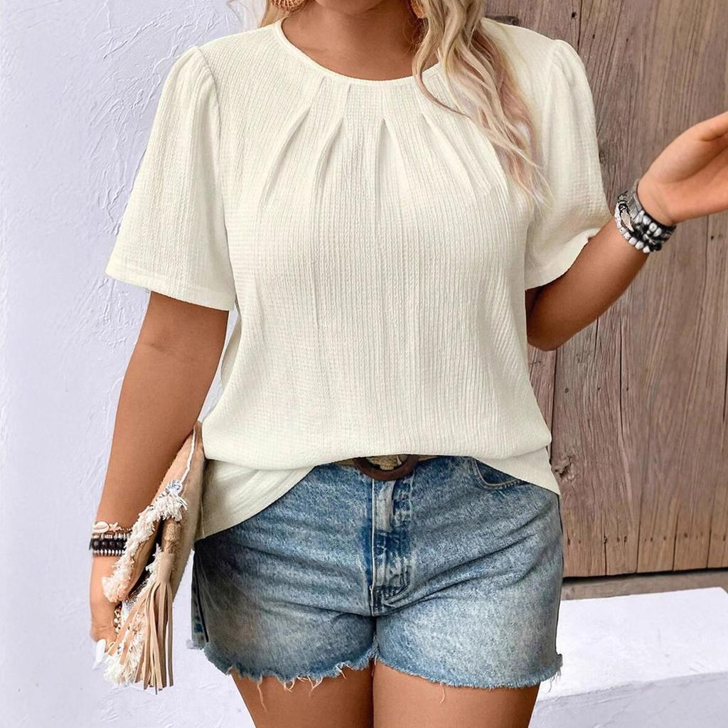 Plus Size Casual Short Sleeve T Shirt Loose Fit Round Neck Pleated Solid Color Summer Top Lightweight Breathable Soft Fabric