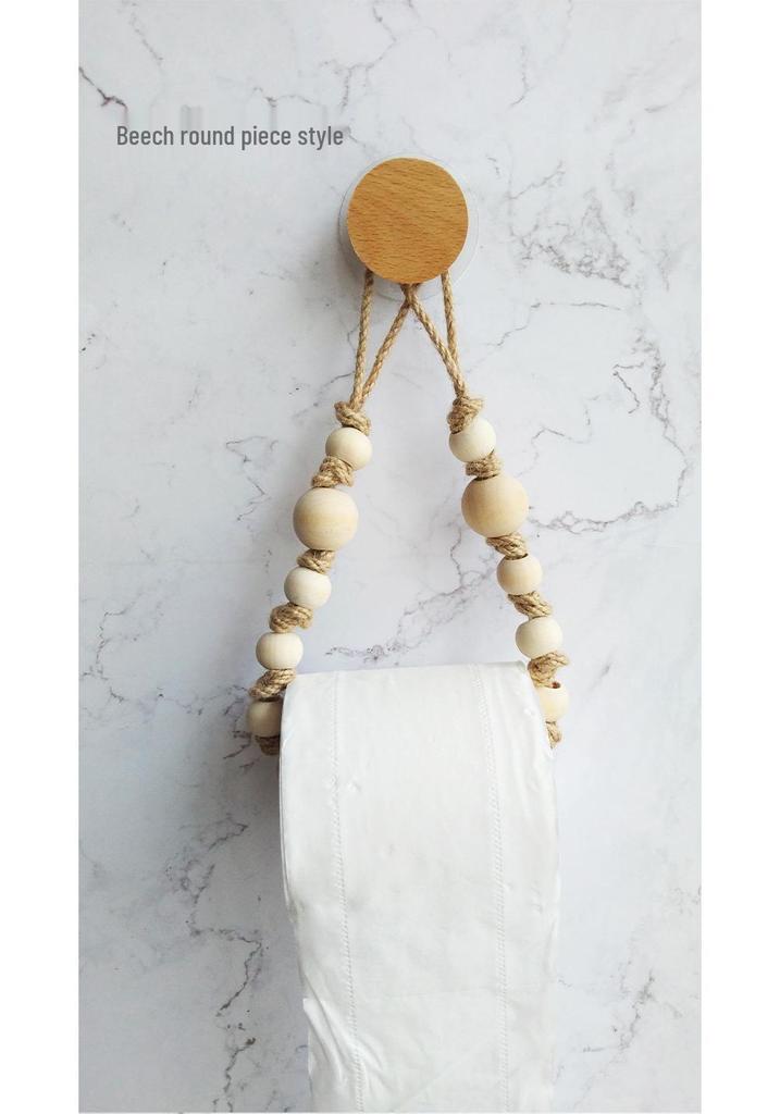 Hand-Woven Toilet Paper Holder with Hemu Beads and Hemp Rope, No-Punch Installation